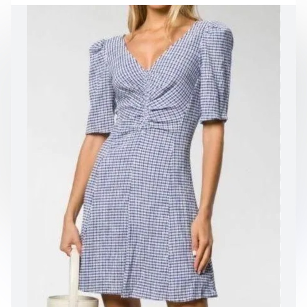 STAUD Plaid Mini Dress | Blue Check V-Neck Shift | Preppy Coastal Chic